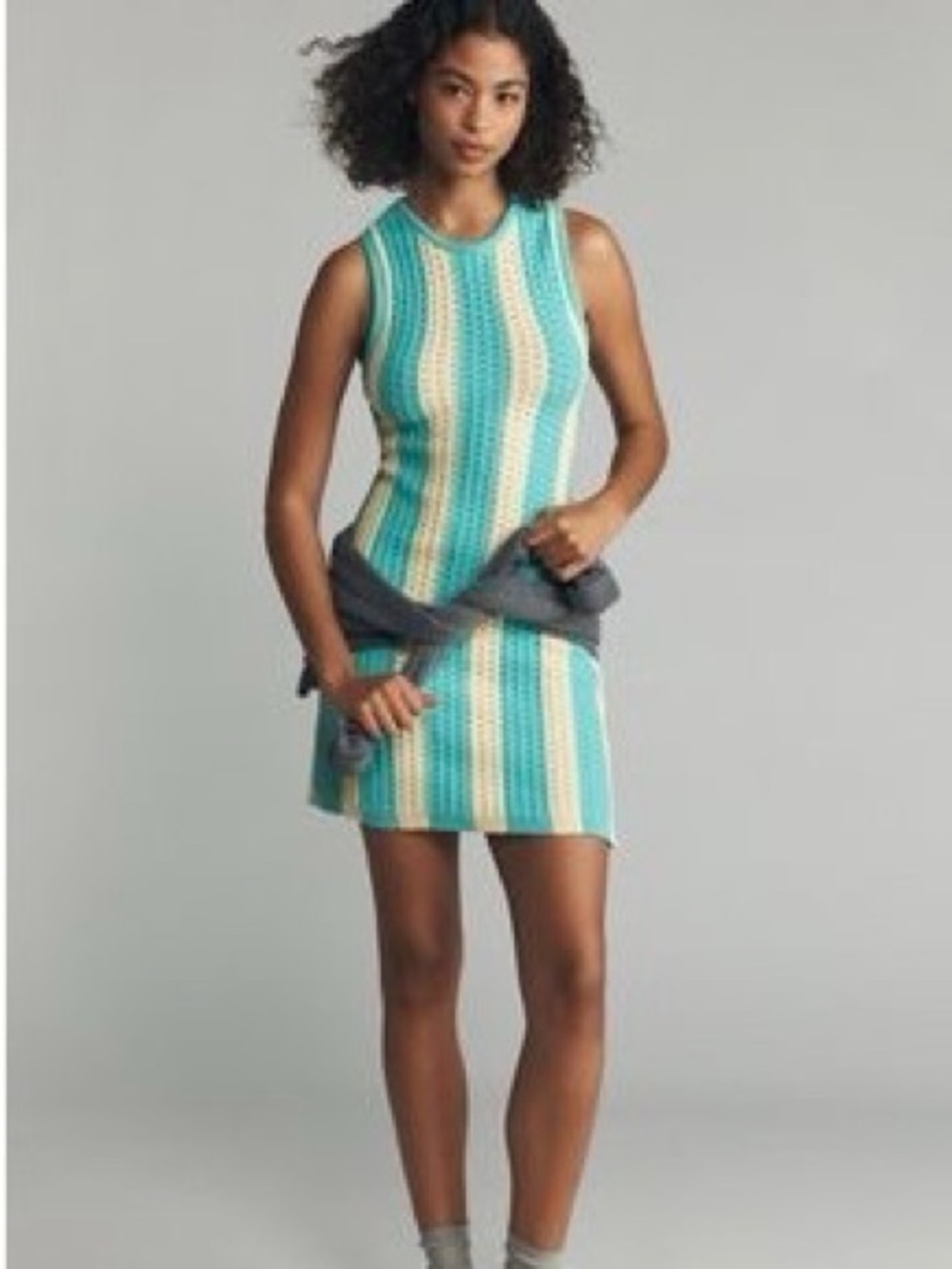 DAILY PRACTICE for ANTHROPOLOGIE Knit Mini Dress Teal Cream Stripe Sleeveless